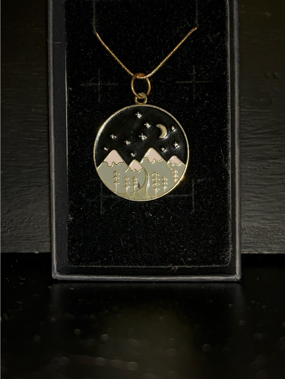 Gold-Tone Mountain Night Enamel Pendant Necklace in Black and Pink